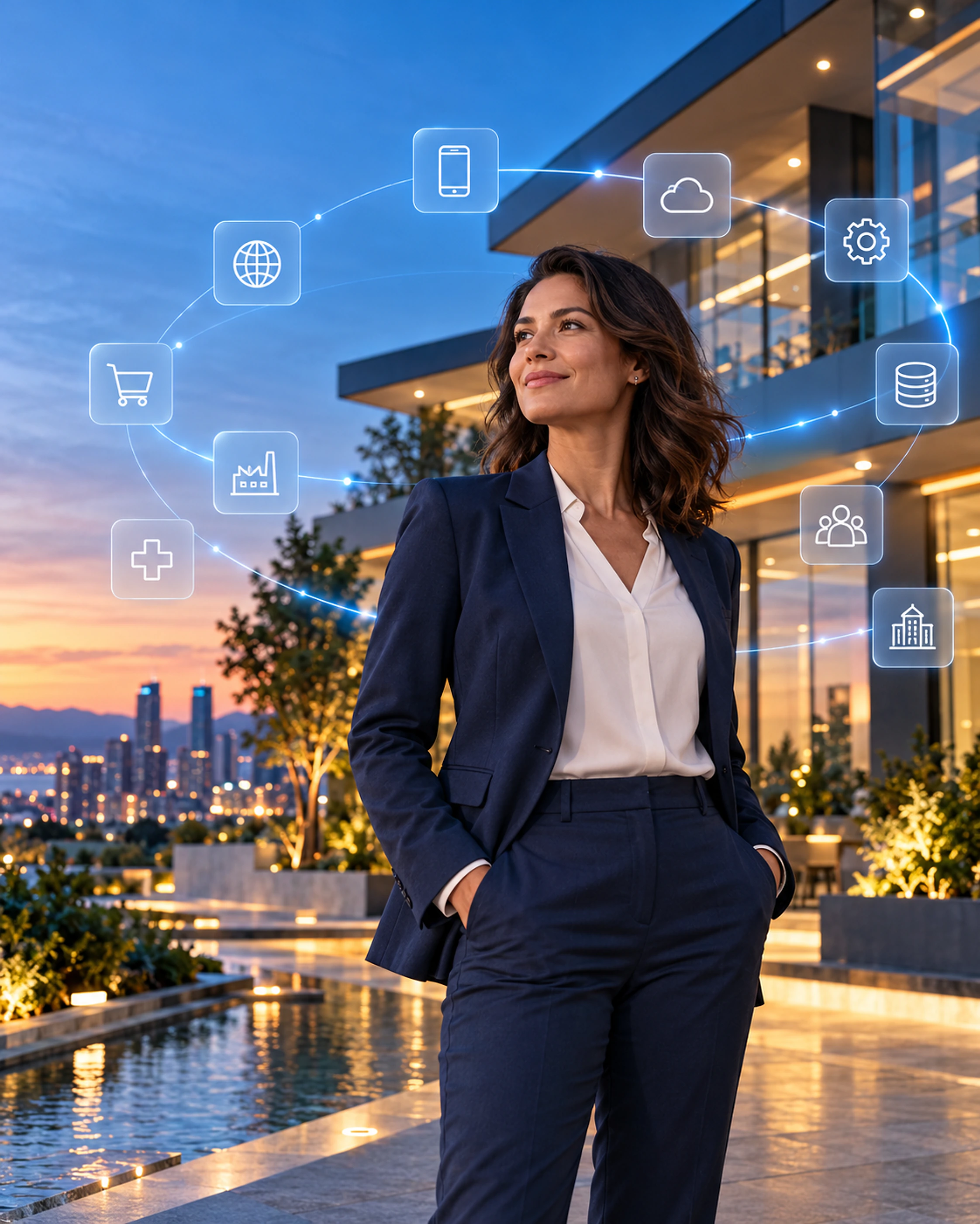 A business leader surrounded by connected digital services for different industries