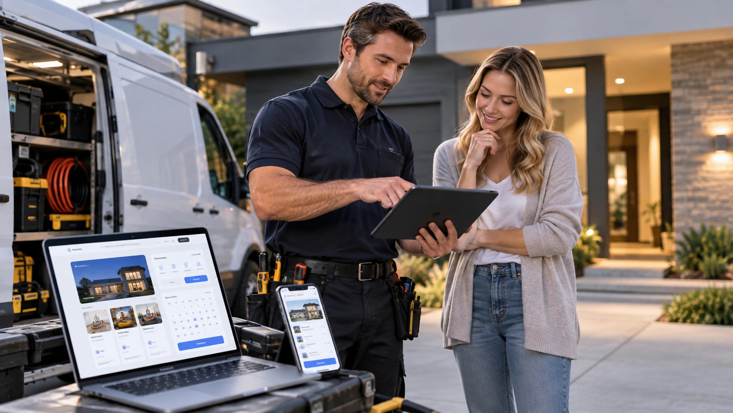 A contractor showing a homeowner an online booking system on a tablet