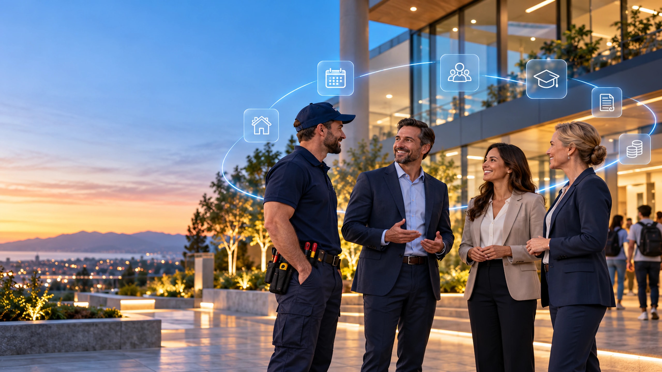 A contractor and business team talking together with connected technology around them