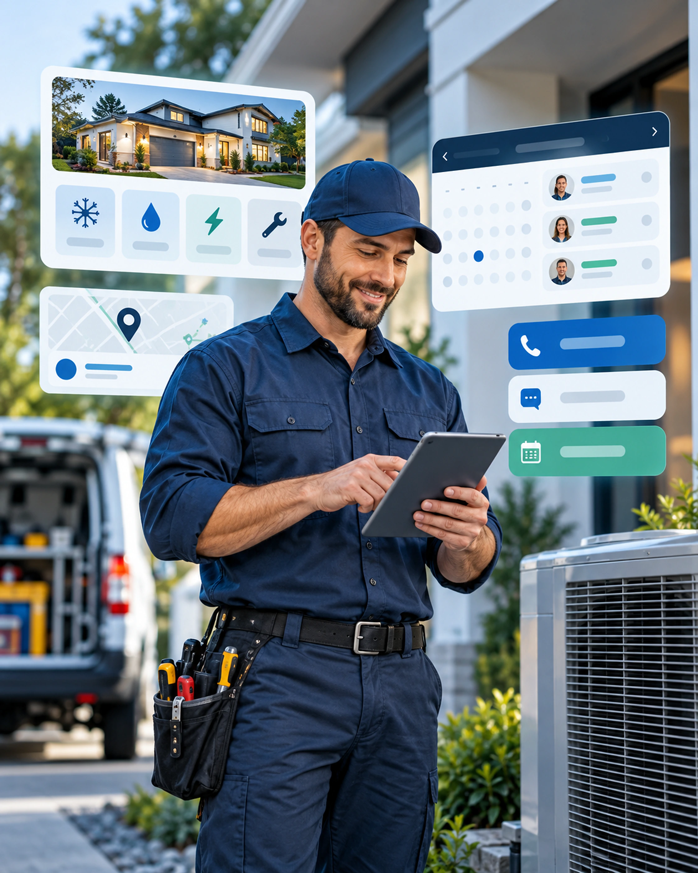 A service technician using a tablet connected to scheduling, maps and customer messages