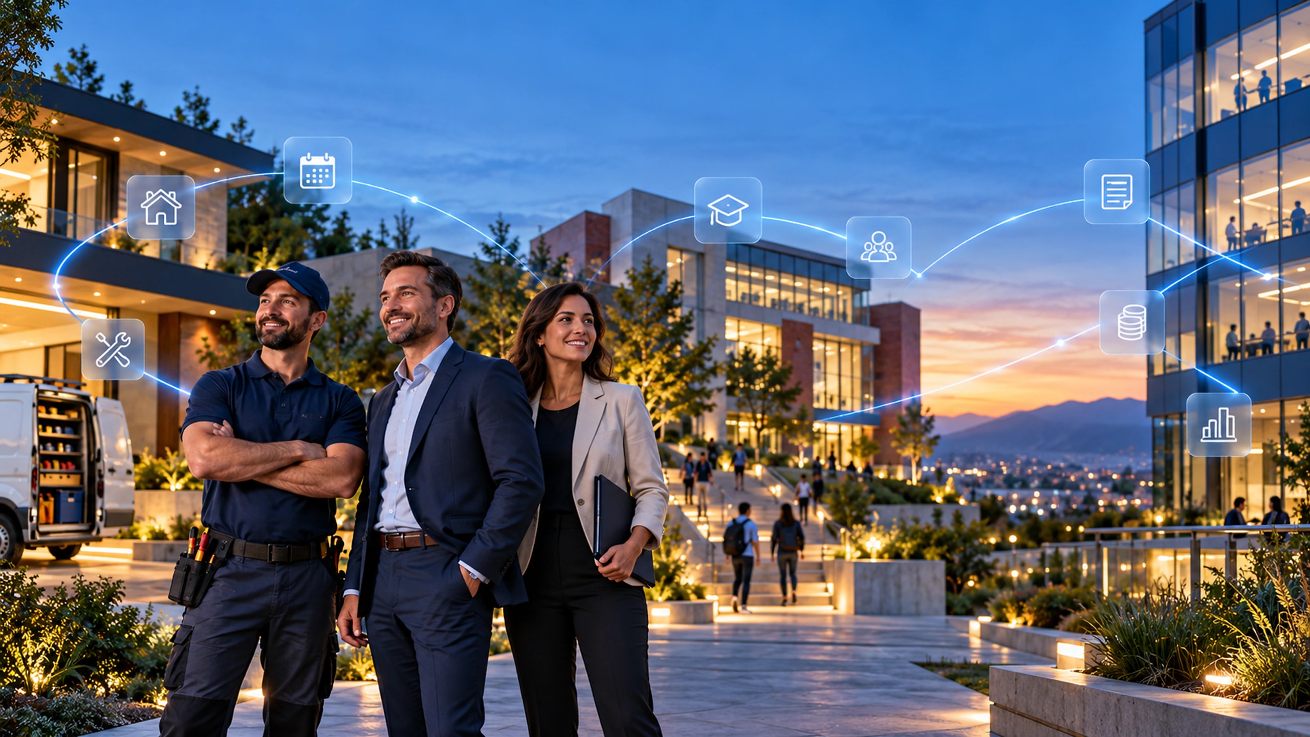 A contractor and business professionals on a campus connected by digital services