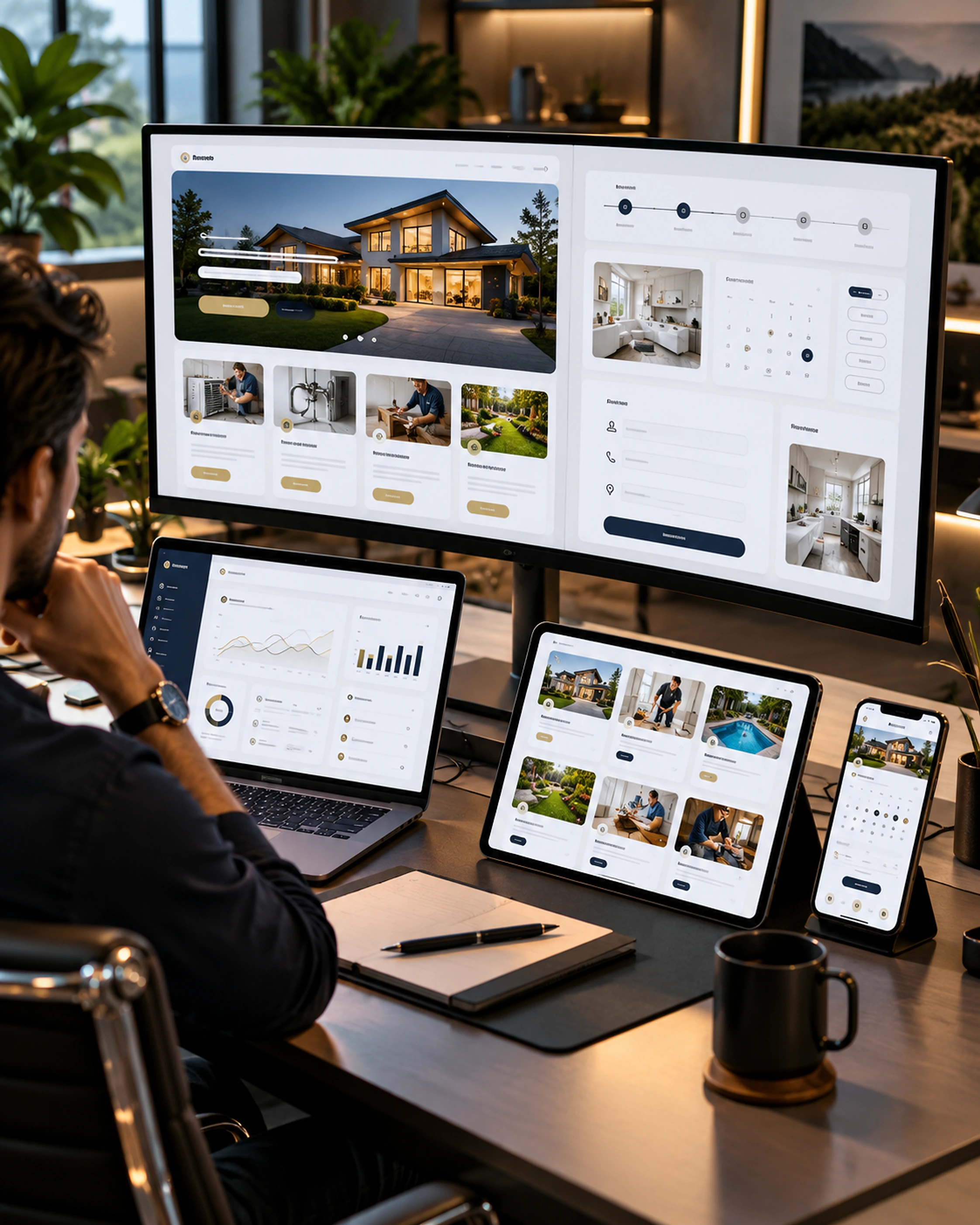A contractor website, booking platform, CRM and analytics workspace across several devices